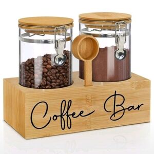 Glass Coffee Canister Set with Bamboo Shelf & Spoon - 2 Airtight Containers